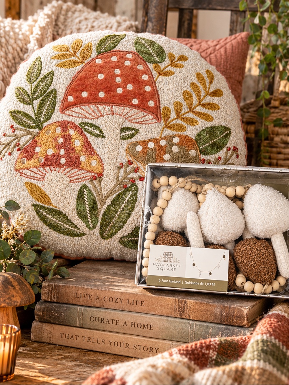 🍄 Shabby Chic Mushroom Pillow + Haymarket Square Garland Cottagecore Set